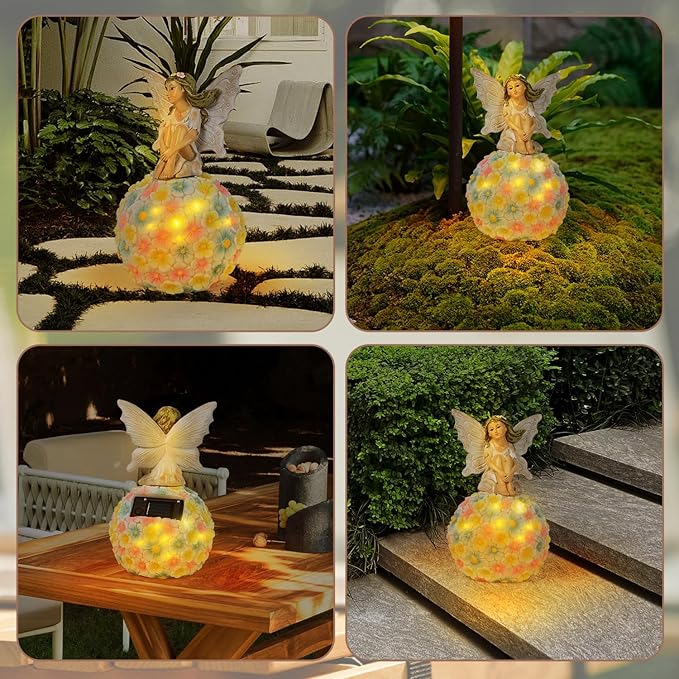 Solar Flower Fairy Garden Decor-Outdoor Fairy Statue-Garden Fairy Figurine Decor for Outside Patio Lawn Yard Porch Ornament,Resin Fairies Statues Decorations,Tall 7.8 Inches, White