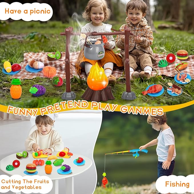 Kids Camping Toys, Mitcien Camping Set Include Pretend Campfire Play Food Fruits & Vegetables Hamburger Magnetic Fishing Toy Toddler Outdoor Adventure Educational Toys for Kids Age 3 4 5 6 + Years Old