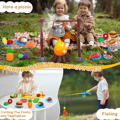 Kids Camping Toys, Mitcien Camping Set Include Pretend Campfire Play Food Fruits & Vegetables Hamburger Magnetic Fishing Toy Toddler Outdoor Adventure Educational Toys for Kids Age 3 4 5 6 + Years Old