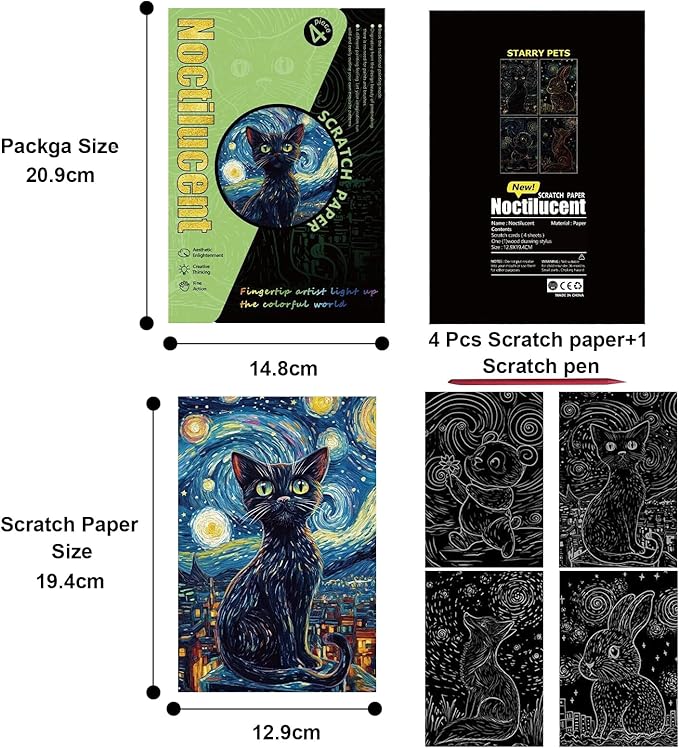 Georgie Porgy Scratch Paper Art Set for Kids Adults Magic Rainbow Scratchboards for DIY Arts and Crafts Kits Christmas Birthday Gift with Scratching Tools Kit (A5-Noctilucent Animals + Racing Cars)