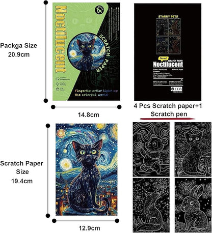 Georgie Porgy Scratch Paper Art Set for Kids Adults Magic Rainbow Scratchboards for DIY Arts and Crafts Kits Christmas Birthday Gift with Scratching Tools Kit (A5-Noctilucent Animals + Racing Cars)