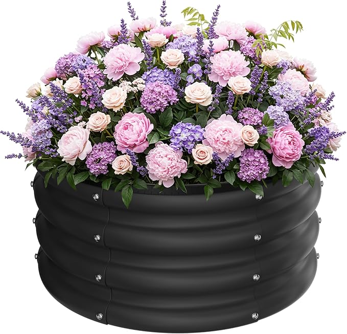 ZXZYHFTY Round Galvanized Raised Garden Bed kit,Black Outdoor Garden Raised Planter Box, Round Large Metal Raised Garden Beds for Vegetable 2 * 2 * 1ft 1 Pack
