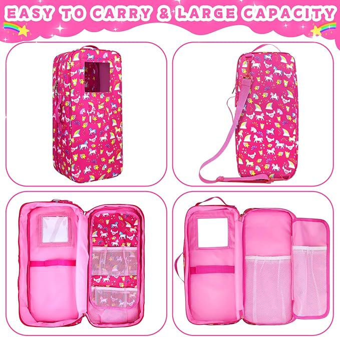 Ecore Fun 7-Piece 18" Unicorn Doll Carrier with Accessories: Doll Case, Clothes, Shoes, Sunglasses, Phone, Hairpins