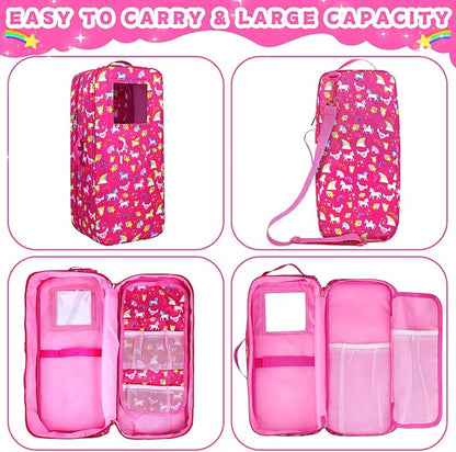 Ecore Fun 7-Piece 18" Unicorn Doll Carrier with Accessories: Doll Case, Clothes, Shoes, Sunglasses, Phone, Hairpins
