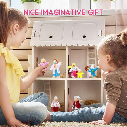 Skylety 10 Pcs Wooden Dollhouse Set of Mini People Figures Dollhouse Dolls Wooden Doll Play Figures Accessories(Rustic Style)