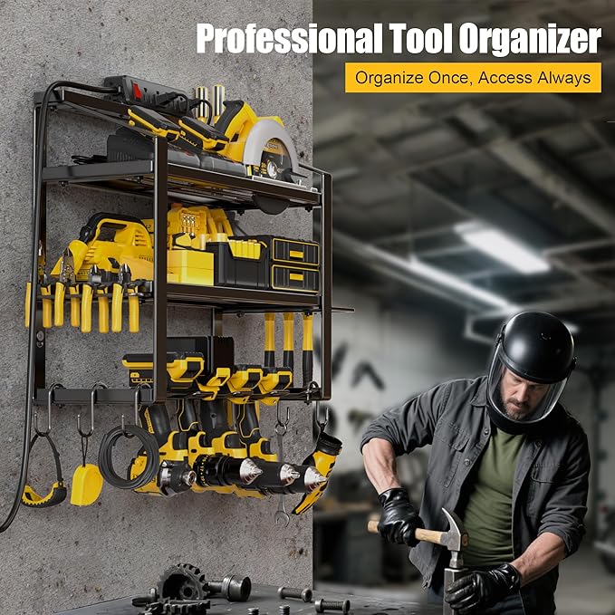 Power Tool Organizer With Charging Station, Heavy Duty Steel 4 Slots, Tool Battery Holder with 4 Outlet Power Strip, Easy To Install Garage Storage Rack for Workshop/Shed Gift For Men