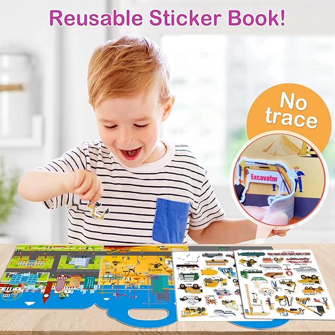 Reusable Sticker Book for Kids, 45pcs Vehicles Cars 3D Jelly Stickers Toddlers Activity Book for Boys Girls Road Trip Toddler Airplane Train Travel Essentials Toy
