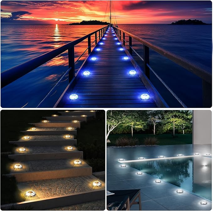 Quntis Solar Deck Lights for Outside, 3 Color Modes Solar Driveway Lights Outdoor IP68 Waterproof, Deck Light for Stair Pathway Walkway Road (Blue/Cool White/Warm White) 8 Pack
