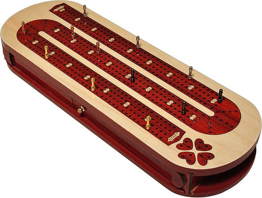 Palm Royal Handicrafts 4 Track Continuous Wooden Cribbage Board Inlaid in Blood Wood and Maple Storage Available