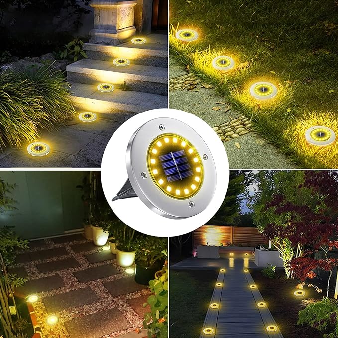NFESOLAR Solar Lights Outdoor with 16 LEDs, Bright Solar Ground Lights Outdoor Waterproof Solar Disk Lights for Pathway Garden Yard Lawn Walkway Driveway (Warm White 8pack)