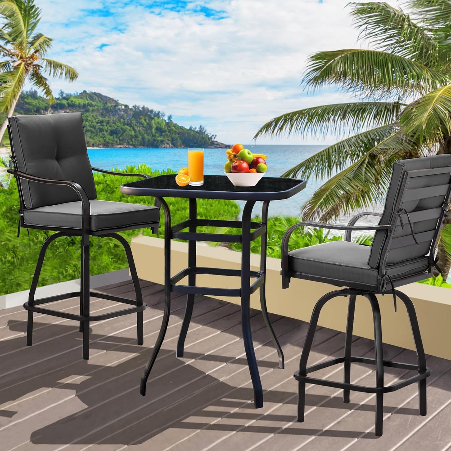 Patio Swivel Bar Stools, Outdoor High Back Swivel Bar Chair Set of 6 with Cushion & All Weather Steel Frame for Backyard, Lawn, Poolside and Balcony, Dark Gray