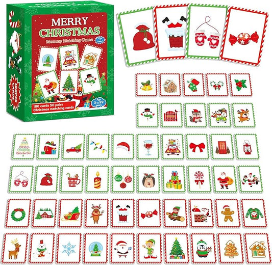 gisgfim 50 Pairs Merry Christmas Memory Matching Game Educational Concentration Memory Card for Kids Ages 3-8 Fun & Fast Winter Theme Memory Matching Games
