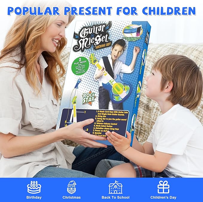 Contixo TG4 Musical Guitar and Microphone Set for Kids, Blue Electric Guitar Toys Starter Kit with Adjustable Height Microphone Stand, Karaoke Toy for Boys, Girls, Toddlers Christmas Birthday Gift