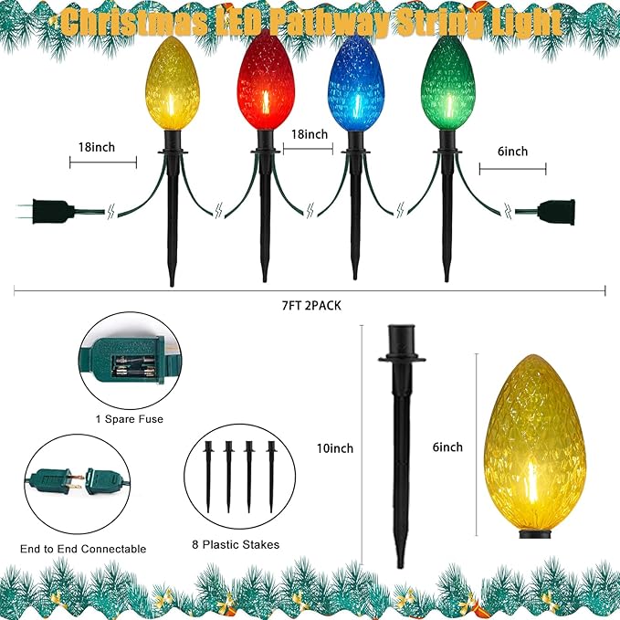 2 Pack Jumbo C9 Christmas Pathway String Lights Outdoor, Total 14 Feet Christmas Walkway Lights Waterproof with 8 LED C9 Jumbo Multicolor Bulbs UL Listed for Holiday Outside Yard Garden Lawn Decor