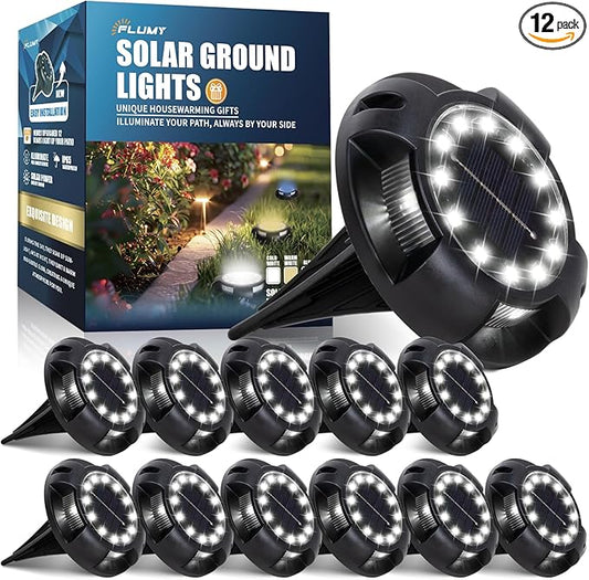 Solar Lights Outdoor Waterproof - New Upgraded Up and Side Light, 12 Pack 16 LED In-Ground Lights Outdoor Solar Lights for Yard Patio Garden Lawn Deck Outside Pathway Walkway Sidewalk (White Light)