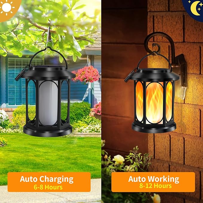 Solar Outdoor Lanterns Light Flickering Flame, Waterproof Outdoor Lanterns for Halloween Patio Garden Yard Deck Pathway, 4 Pack