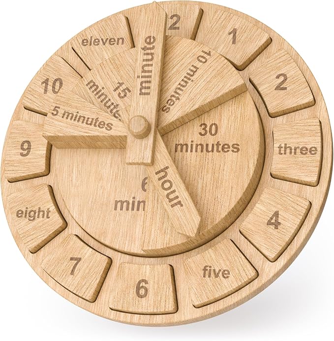 Tomaze Montessori Wooden Toy Clock - Kids' Educational Kit to Teach Time, Fractions, Numbers, & Sorting with Blocks - Early Math Learning - Gift for Age 4+ Boy Girl Preschooler in Classroom Homeschool