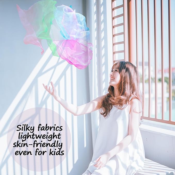 Novelty Place 12 Pcs Dance and Juggling Scarves - Gradient Colors Silk Square Scarf with Hemmed Edges - Easy Clean Ideal Performance Props Accessories(24" x 24")