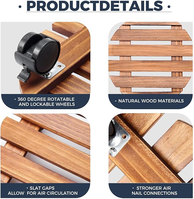 Bamworld Plant Stand with Wheels Plant Caddy Outdoor 4 Pack 12in Rolling Planter Caddy with Swiveling and Lockable Caster for Indoor Patio Plant Dolly Wood Wheeled Mobile Roller