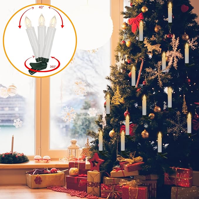 DRomance Christmas Tree Flameless Taper Candle Lights Battery Operated with 10-Key Remote and Timer, 30 Pack Plastic 3D Wick Flickering LED Taper Candles Multi-Using Home Garden Holiday Decor 3.4"