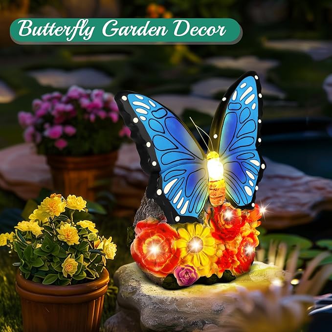 Linkax Solar Lights Outdoor LED Figurine Garden Decor for Outside Patio Yard Home, Easter Mothers Day Birthday Gifts for Women Mom Grandma Wife Daughter, A Bundle of Turtle and Butterfly Statues