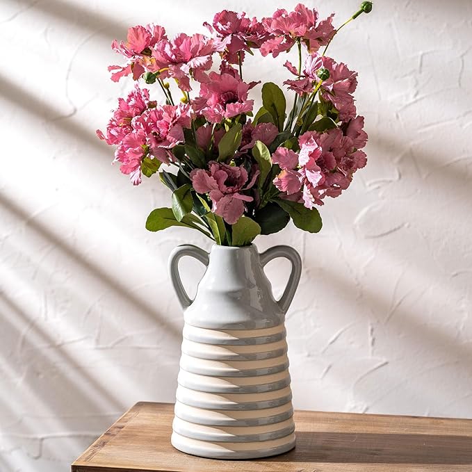Ceramic Grey and White Checkered Stripes Vase with Handles, Hand-Painted Modern Bohemian Floral Vases Home Decor, Cottage Core Decor, Flower Vases for Bouquet Tabletop Bedroom Office Bookshelf 8.9 in