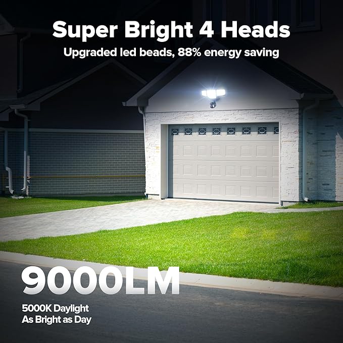 LUTEC 80W 9000LM LED Security Lights Motion Sensor Outdoor Lights, 4 Head LED Flood Light Outdoor 5000K Daylight, IP65 Waterproof, Motion Detected Light for Outside, Garage, Yard - 2 Pack (Black)