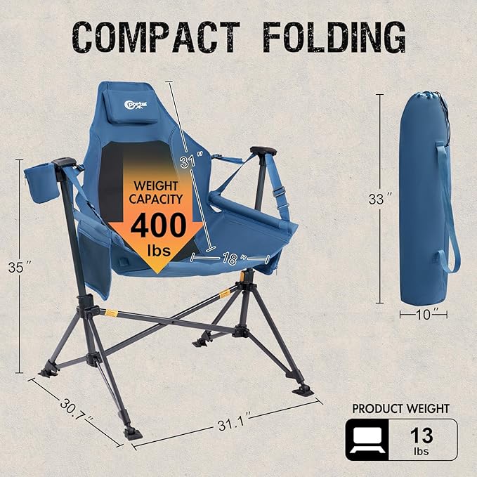 Portal Heated Hammock Camping Chair, Portable Outdoor Swinging Chairs, Rocking Chair for Adults with Adjustable Back and Height for Lawn Backyard Patio, Supports 400 lbs, Blue