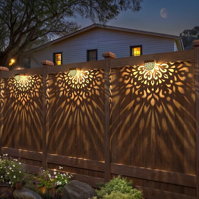 Solar Fence Lights 6 Pack Solar Deck Lights Outdoor Waterproof LED Solar Powered Step Lights Wall Lights Outdoor Decorations Warm Yellow Light Decorative Lighting for, Front Door, Backyard (Gold)
