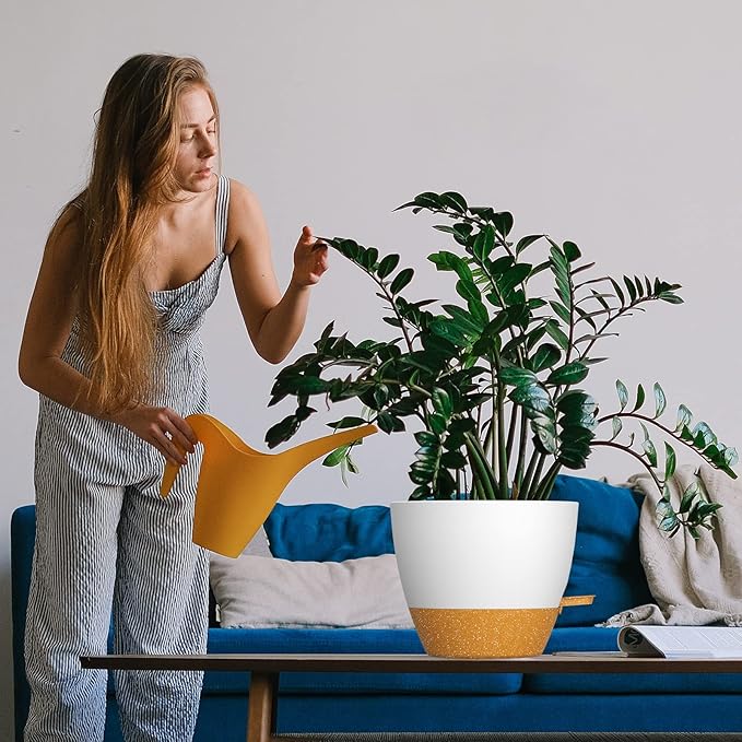 WOUSIWER 10 inch Self Watering Planters, 2 Pack Large Plastic Plant Pots with Deep Reservior and High Drainage Holes for Indoor Outdoor Plants and Flowers, White with Terracotta