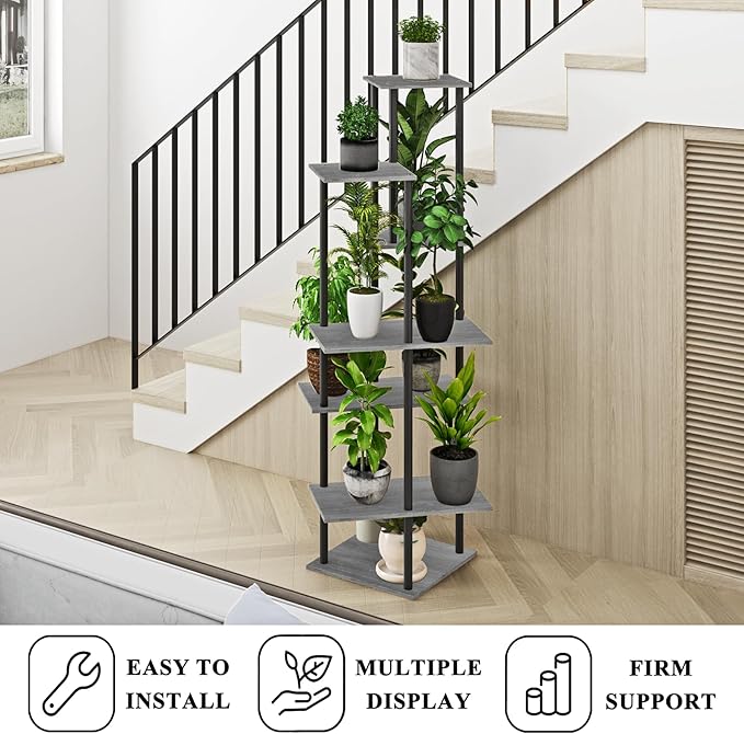 Plant Stand Indoor 7-Tier Metal Wood Plant Shelf for Multiple Flower Pots Corner Tall Flower Holders for Living Room Balcony Bedroom, Oak Grey
