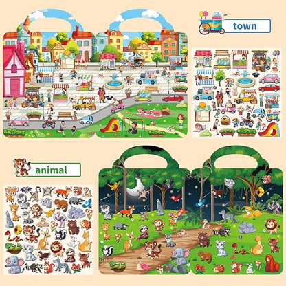 6 Set Reusable Sticker Books for Toddlers 3-5, Kids 3D Puffy Stickers (Dinosaurs, Forest, Town, Pets, Construction, Insects), Sticker Activity Books