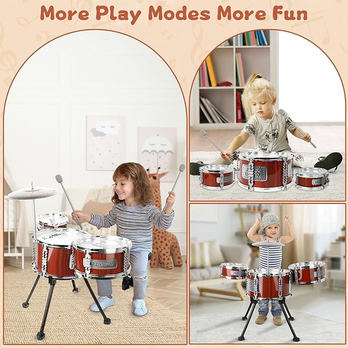 Kids Drum Set Music Toy Drum Set for Toddlers Ages 3-5 Jazz Drums Kit with Stool, 3 Drums Percussion Musical Instruments Toys for 3 4 5 Year Old Boys Girls Gifts