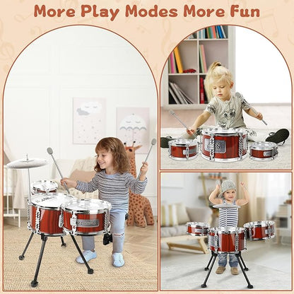 Kids Drum Set Music Toy Drum Set for Toddlers Ages 3-5 Jazz Drums Kit with Stool, 3 Drums Percussion Musical Instruments Toys for 3 4 5 Year Old Boys Girls Gifts
