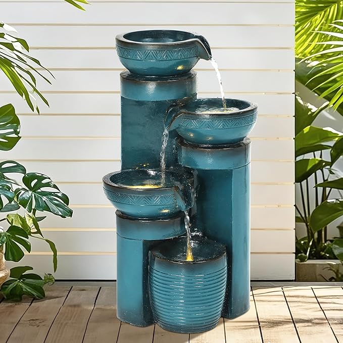 Autodaya 19.3" H Pedestal Outdoor Water Fountain with LED Lights and Pump, 4-Tier Cascading Water Feature, Tranuil Waterfall for Relaxing Garden, Patio, Yard, or Porch, Turquoise, Faux Ceramic Finish