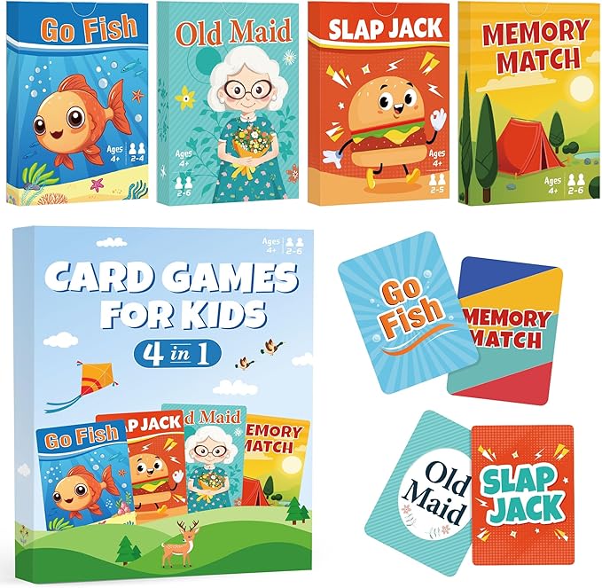 Card Games for Kids Toddlers,Go Fish,Old Maid,Slap Jack and Memory Match,4 Decks in 1 Pack,Fun Educational Gard Games for Family Game Night Table Games,Great Easter Basket Stuffers