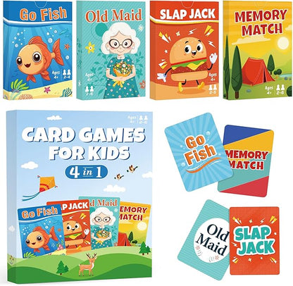 Card Games for Kids Toddlers,Go Fish,Old Maid,Slap Jack and Memory Match,4 Decks in 1 Pack,Fun Educational Gard Games for Family Game Night Table Games,Great Easter Basket Stuffers