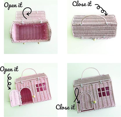 Rool Rattan House Shaped Basket Wicker Small Dollhouse Gift for Girls, Boho Toys, Mouse in a Box House, Little Girl Purse Clutch, Doll Carrier (Pink)
