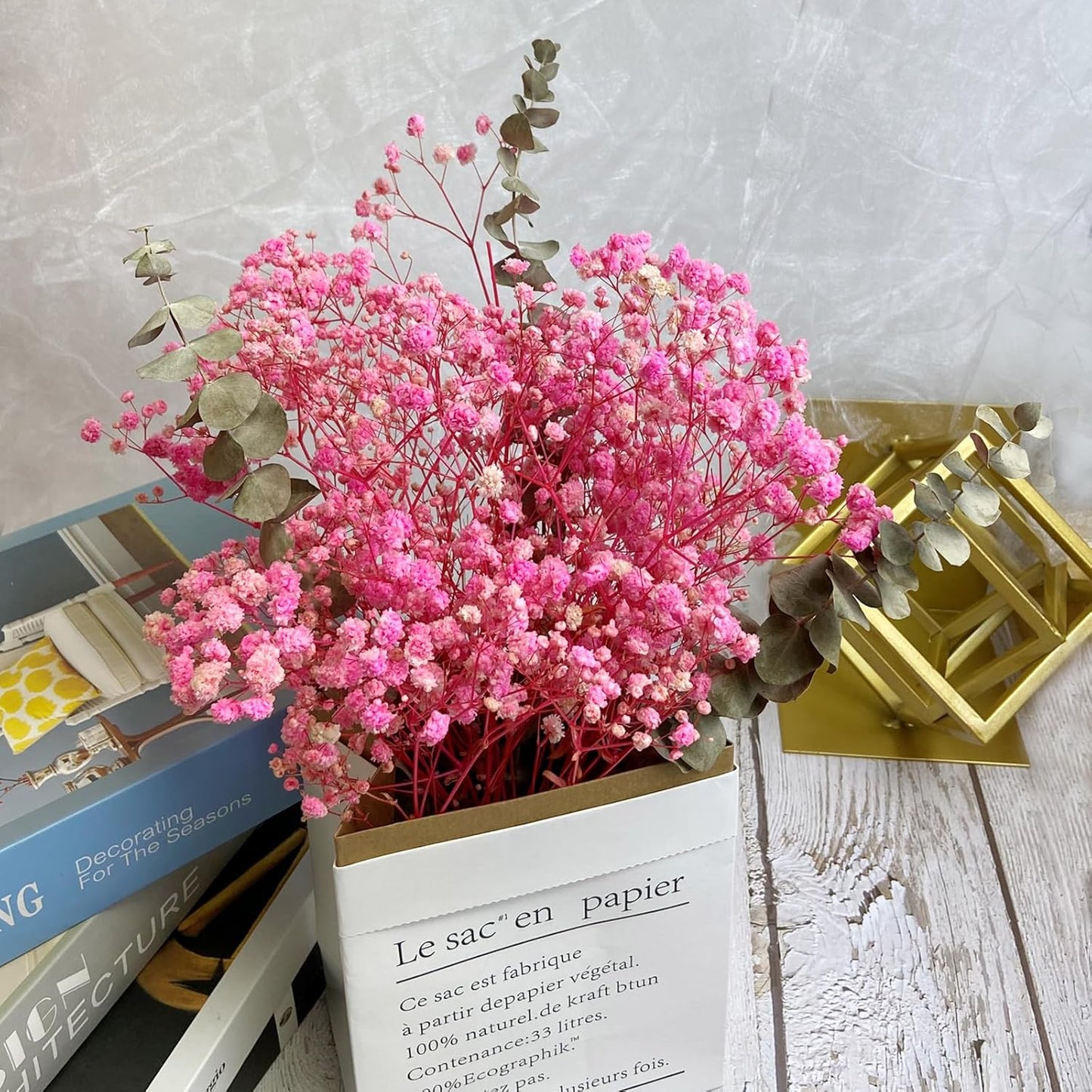 L'BREVOGA Dried Flower Bouquets, Preserved Pink Baby's Breath with Eucalyptus for Decoration Floral Arrangement Home Party (Baby's Breath Pink)