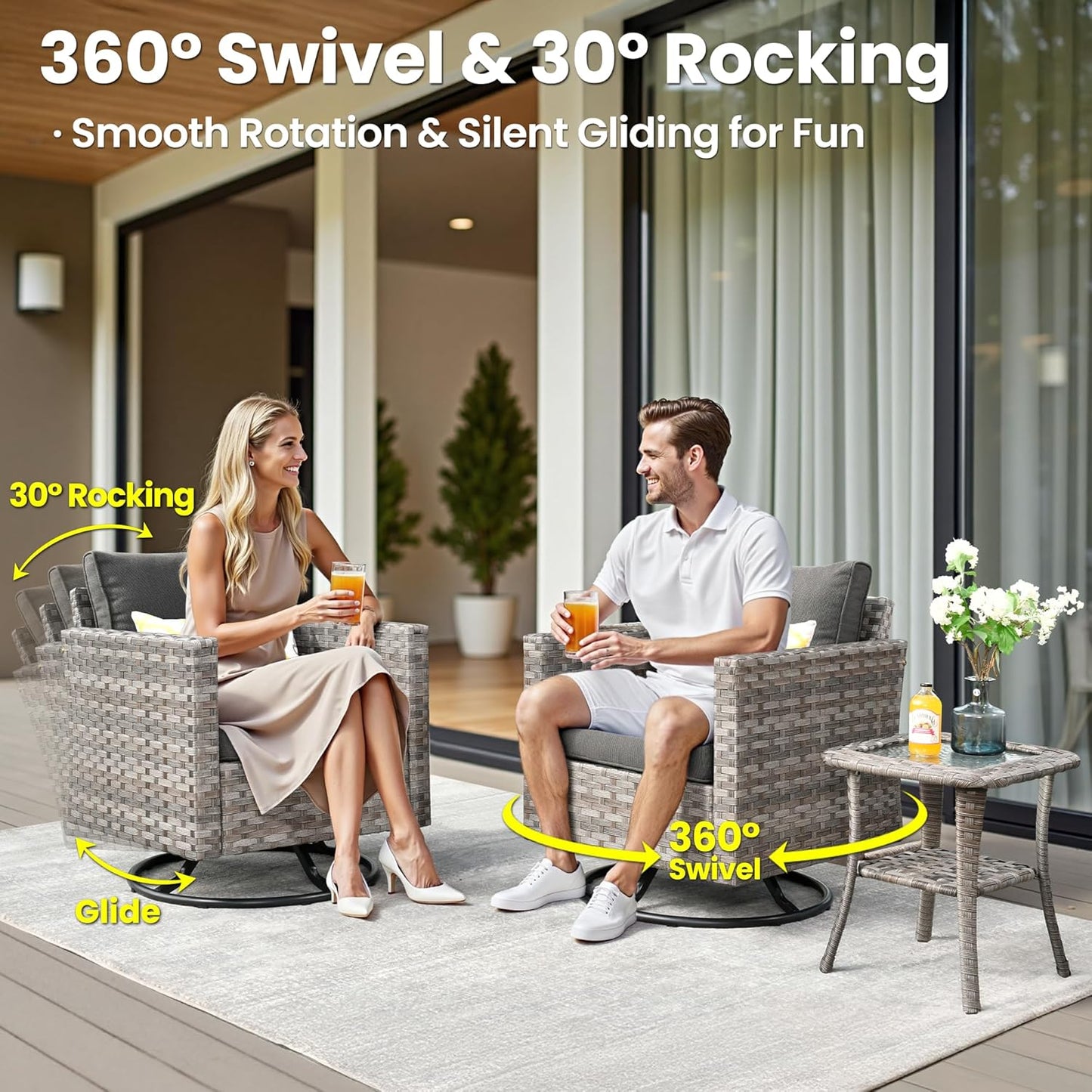 ovios 10 Pieces Patio Furniture Set, Outdoor Wicker Sectional Sofa with 30" Fire Pit Table Swivel Chairs, Modern Modular Deep Seat Rattan Couch Conversation Sets, Black