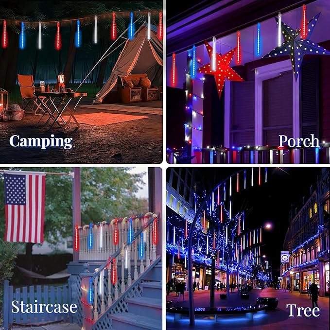 2-Pack 4th of July Lights Outdoor, 18 Tubes 432 LEDs Meteor Shower Lights Plug in, Patriotic String Lights Cascading Lighting for Inpendence National Memorial Day Garden Tree Decor(Red Blue and White)
