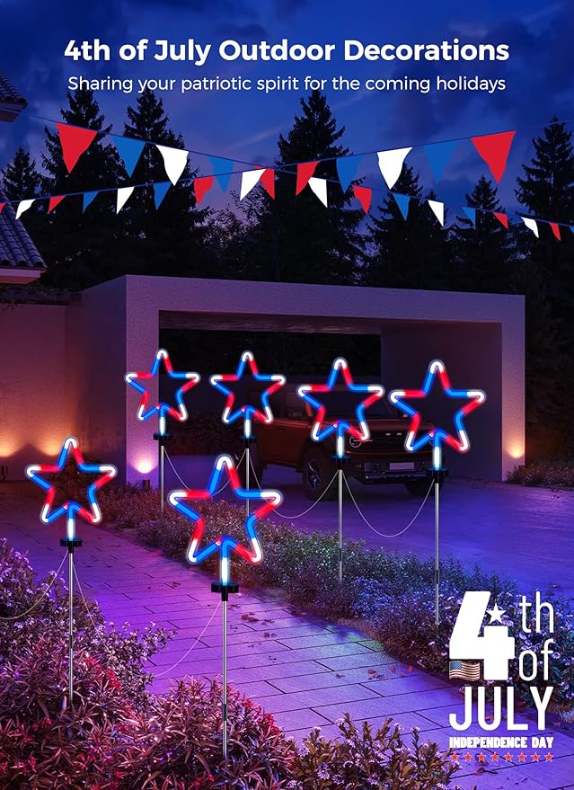 Brightown Red White and Blue Lights, 4th of July Decorations Outdoor, 8 Large Neon Star Pathway Lights Plug in, Patriotic Decorations Fourth of July Decor for Independence Day Garden Yard Outside