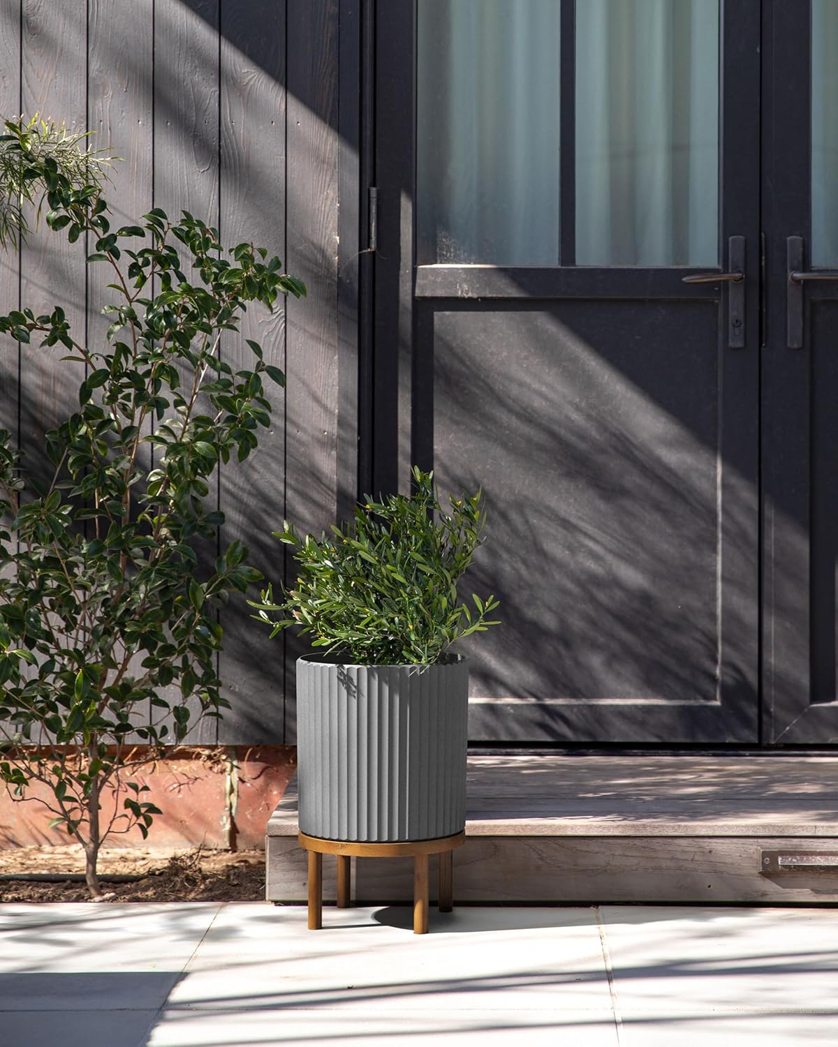 Veradek Demi Series Round Planter w/ Stand for Porch/Patio | Durable Plastic-Concrete & Wooden Stand | Modern Décor for Tall Plants, Flowers