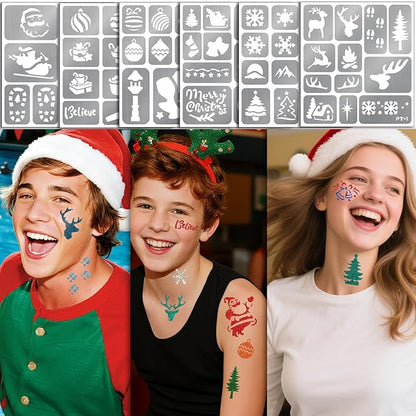 158 PCS Christmas Temporary Tattoo Stencils for Kids, Face and Body Paint Stencils Kit, Girl Boy Glitter Xmas Santa Tattoos Stencils Pack for Christmas Kids School Show Birthdays Party Favor Supplies