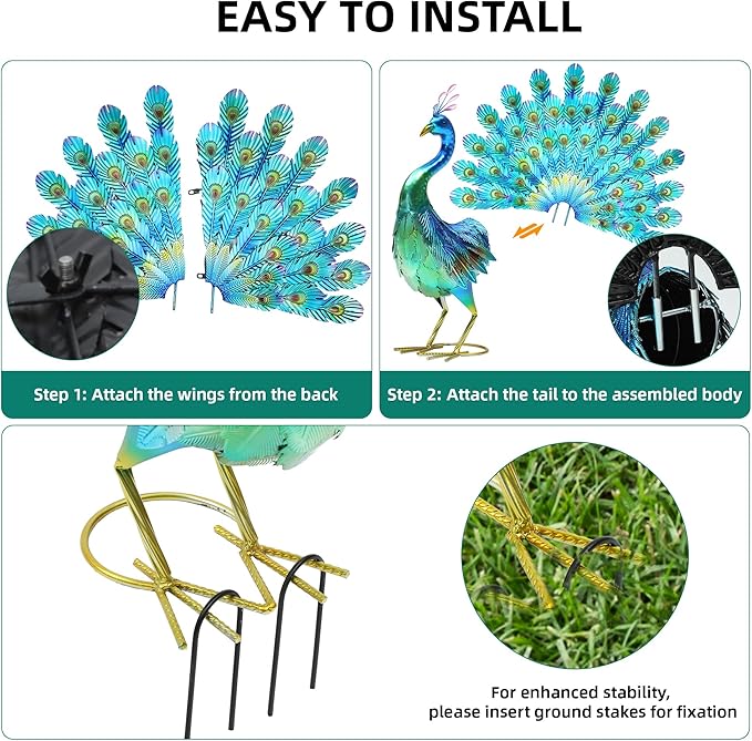 27.5" Tall Metal Peacock Garden Statue - Handmade, 3D Textured, Tail Spread Sculptures for Patio, Garden or Entryway.