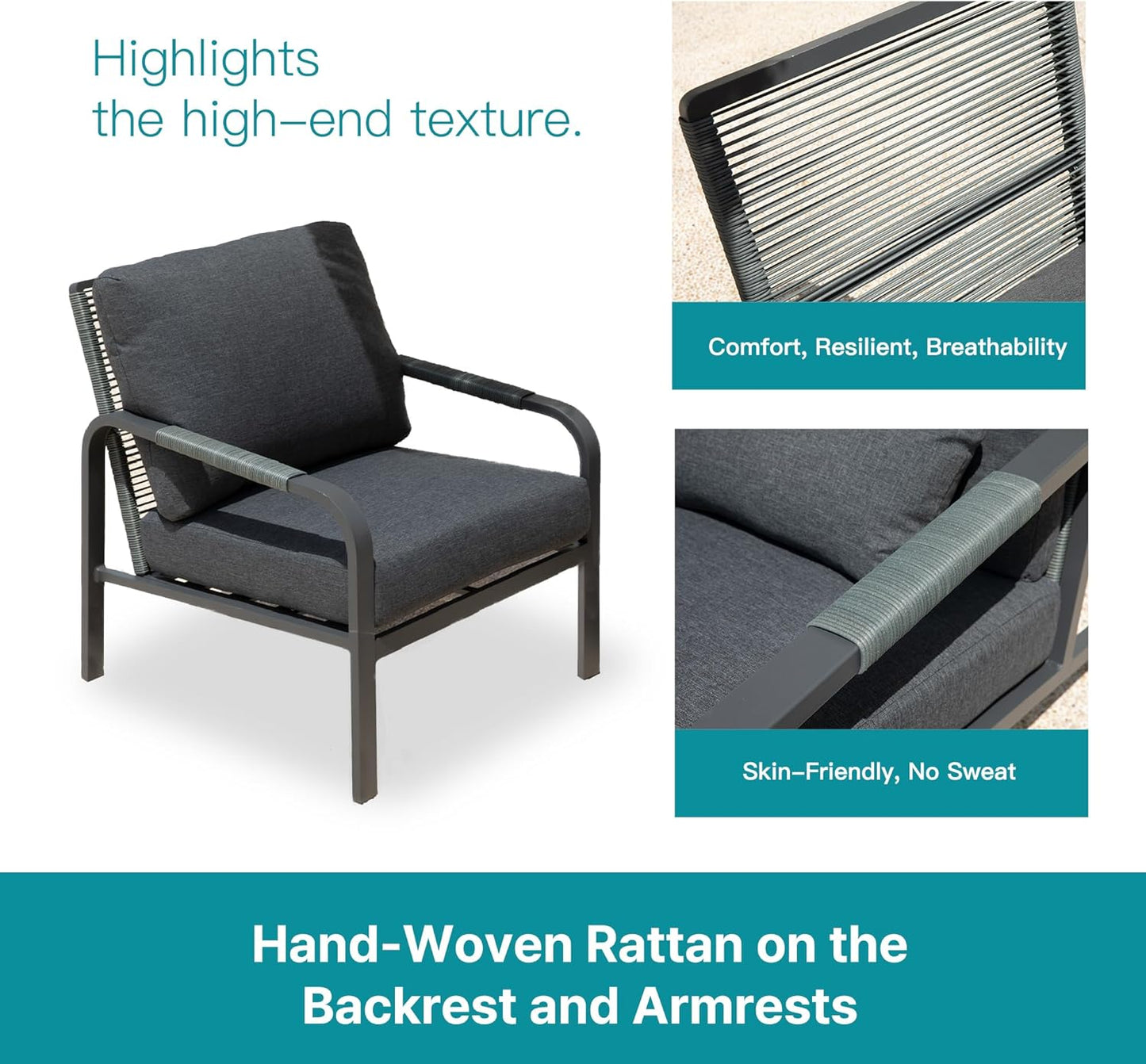 3 Piece Outdoor Bistro Set, All Day Hand-Woven Rattan Patio Furniture Set with Aluminium Frame and Coffee Table, Waterproof Fabric, Thickened Sponge Cushion, Suitable for Patio, Deck,Grey