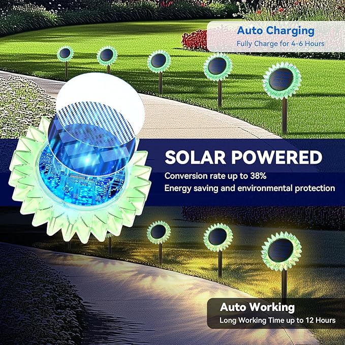 Hogni 4PK Solar Garden Lights, Ground Stake/Hang 2 in 1 Solar Sunflowers Outdoor Waterproof IP67, Outdoor Decor for Pathway Walkway Landscape Backyard Fence Decoration
