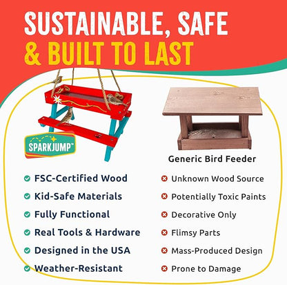 SparkJump Picnic Table Feeder for Squirrels - DIY Woodworking Project for Kids and Families, Includes Tools, Screws, and Paint Set, Sustainable FSC-Certified Wood, Ages 6+