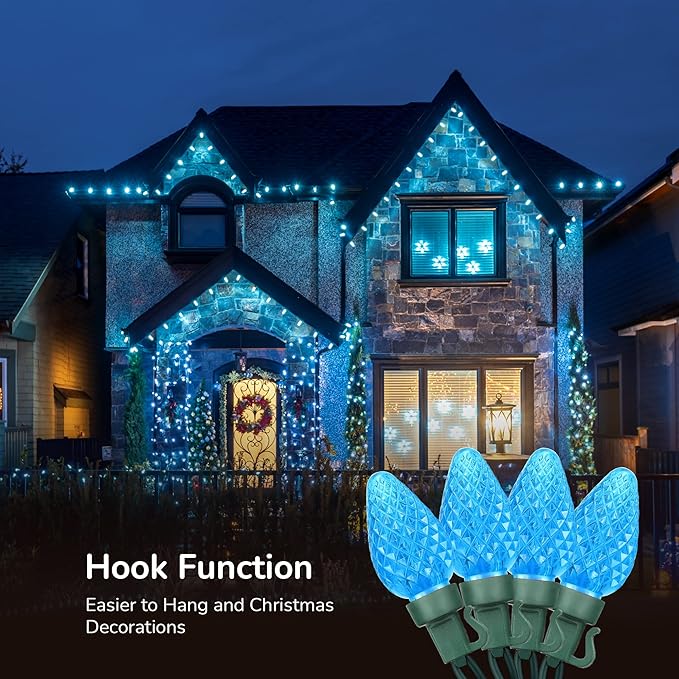 DEWENWILS C7 Outdoor Christmas Lights - 33.3FT 50LED String Decorations for House, Tree, Patio, Garden, Yard - Green Wire, Turquoise, UL Listed