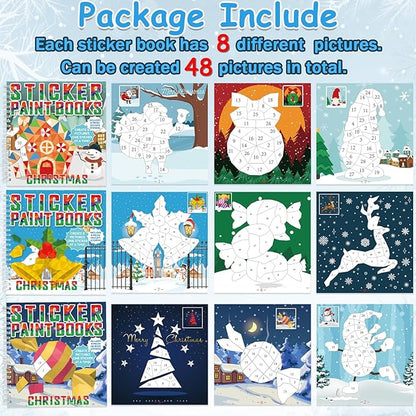 6 Pcs Christmas Paint by Sticker Books for Kids Ages 4-8 Sticker by Number Books Activity Book for Kids Ages 3-5 Sticker Puzzle Book Craft Art Toddler Girl Gift with Santa Snowman Reindeer 48 Pictures